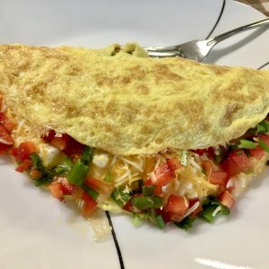 Omelet with Red Bell Pepper, Scallions, Feta and Cheddar Cheeses