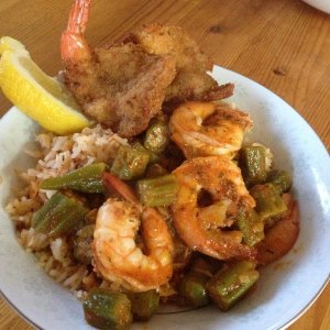 Cajun Shrimp and Breaded Shrimp on Rice
