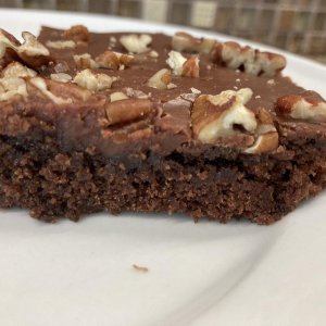Texas Quarter Sheet Chocolate Cake with chopped Pecans on top, YUM!!!