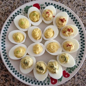 Deviled Eggs with assorted flavorings.
Change it up, try some Wasabi Paste, Crumbled Bacon, Dill Pickle Relish and fresh Dill, loads of Mustard ...  o