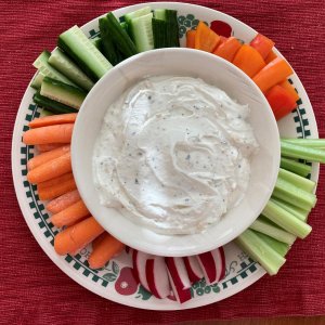A simple tray of Crudité with Ranch Dressing for dippin'