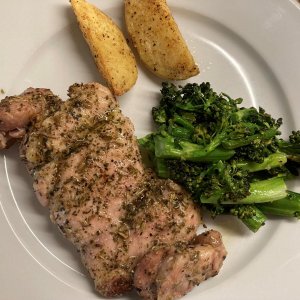 Grilled B/S Chicken Thigh with a Greek-Inspired rub, served with roasted Potatoes also with the same seasoning, homemade btw, and some Broccolini