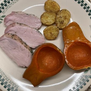 A very Fall-esque meal ... Pork Loin Roast with roasted Honeynut Squash and Baby Dutch Potatoes ... not pictured is a dish of warmed homemade Chunky A