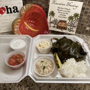 This was a take-out from a Food Truck here in Arizona.
Hawaiian Laulau
Steamed White Rice
a slice of fresh Pineapple
Chicken Long Rice 
Lomi Lomi Salm