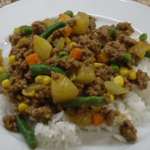Hamburger Curry Stew served over steamed White Rice, very local.