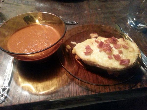 2014-03-30 Tomato soup and twice baked potato with bacon pieces