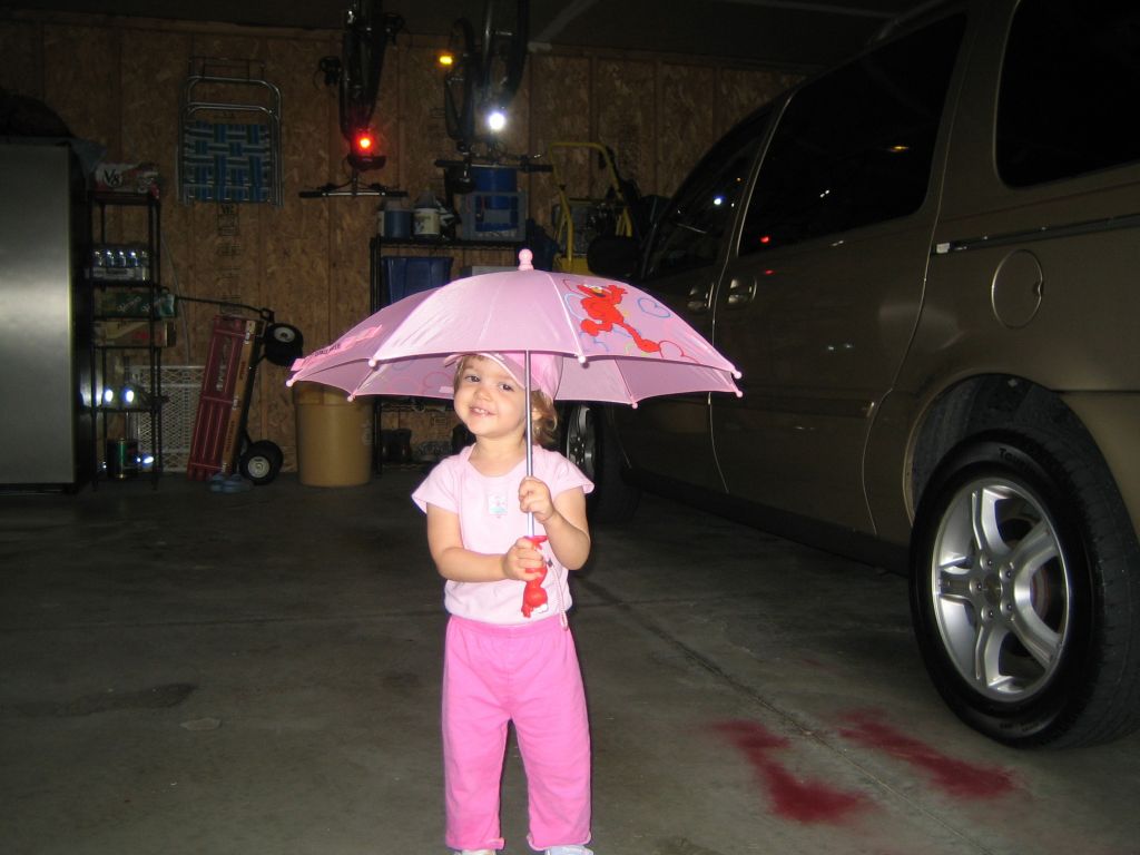 A friend of ours gave Sofie her first umbrella--an Elmo umbrella to boot!  She was so excited to wake up and find it raining the other day.  At first 