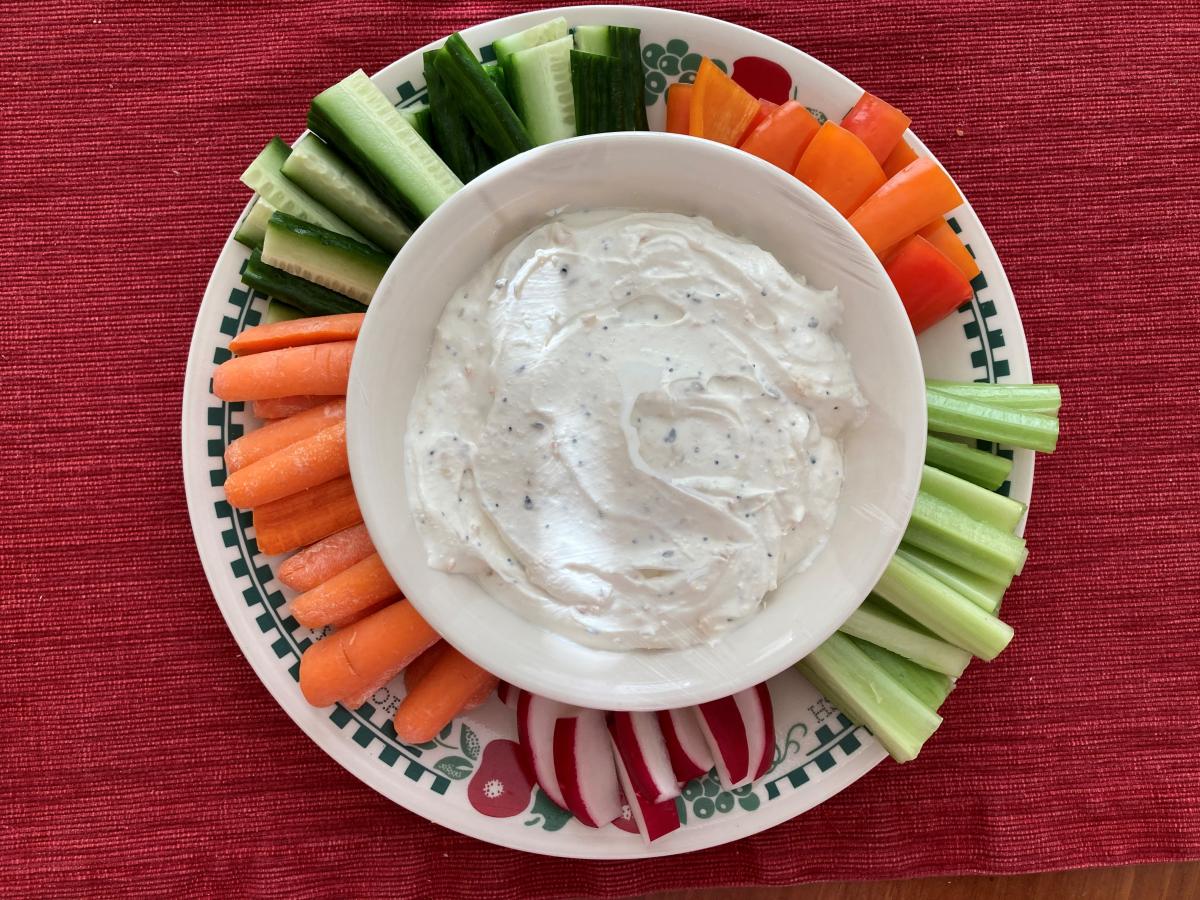 A simple tray of Crudité with Ranch Dressing for dippin'