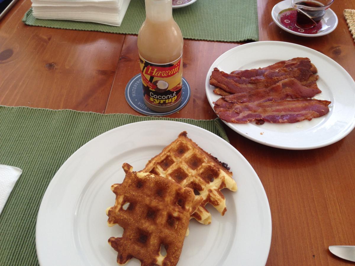Buttermilk Waffles with BACON! and Coconut Syrup, straight from Hawaii.
Wait, WHAT?!
You've never had Coconut Syrup?
You MUST try it!!