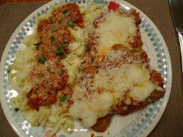 Chicken Parmesan with homemade Fettuccine and Marinara