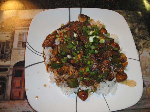 Chinese pepper steak over rice.