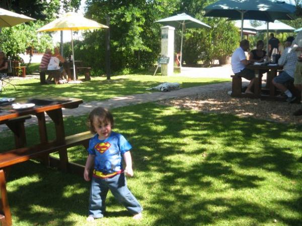 Daniel in his superman outfit at a vineyard in Cape Town