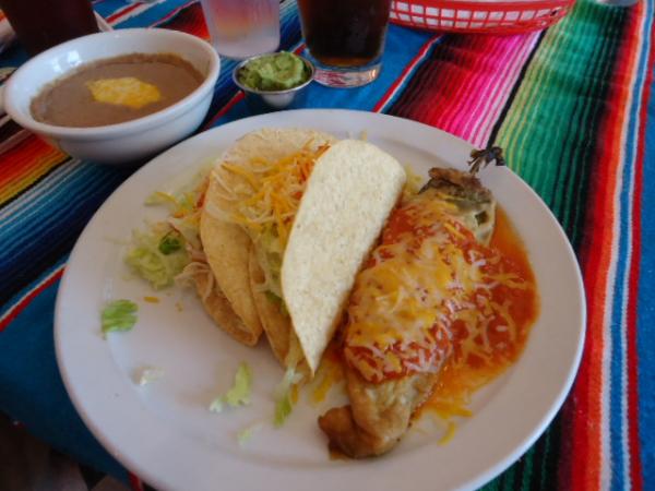 Dinner out with friends at Carlota's Authentic Mexican in Catalina AZ, 2 Chicken Tacos and a Chile Relleno