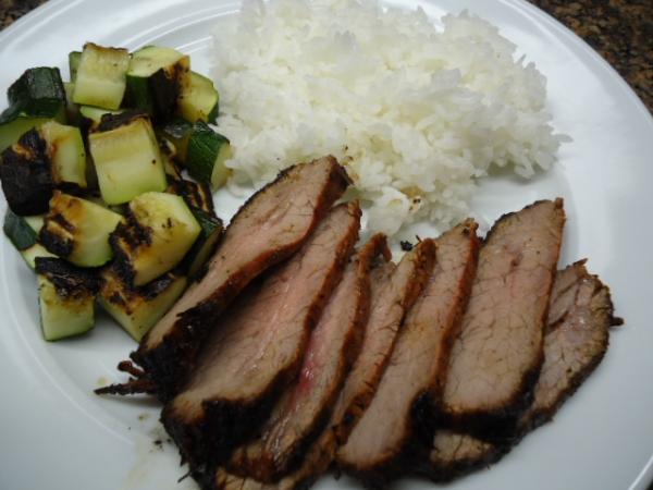 Grilled Flank Steak and fresh zucchini with steamed White Rice