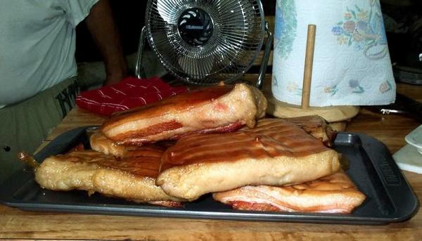 hicory smoked bacon before slicing