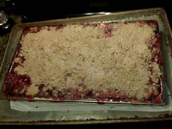 Huge Fruit Crisp - made it for a BBQ right around Independence Day.  That's a hotel pan.  The crisp used 12 lbs. of fruit alone.