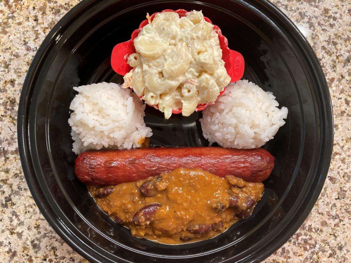 I made up a Bento Box-style Plate Lunch for Mom.  My version of Zippy's (a restaurant in Hawaii) Chili Frank Plate, including my copycat Zippy's Macar