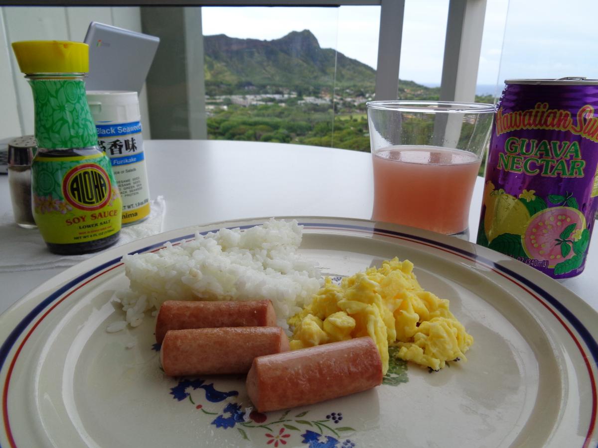 Local style breakfast on our lanai, Vienna Sausage Eggs Rice with Aloha Shoyu Furikake and Guava Juice, yeah baby!!