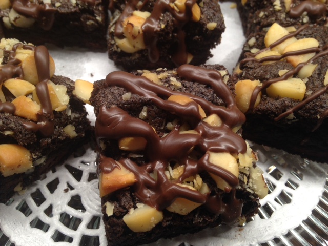 Macadamia Nut Brownies with a dark chocolate drizzle