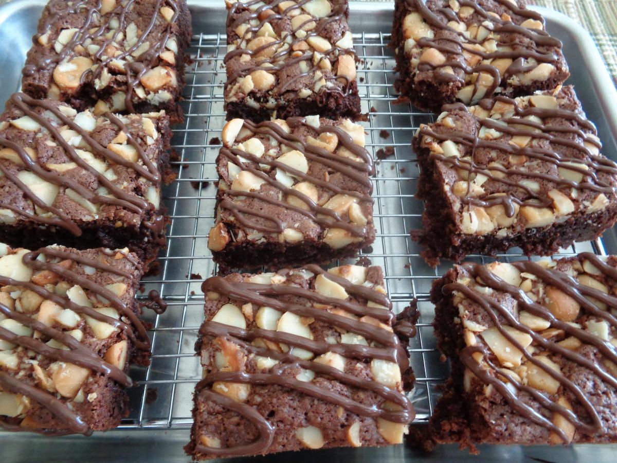 Macadamia Nut Brownies with a Dark Chocolate drizzle