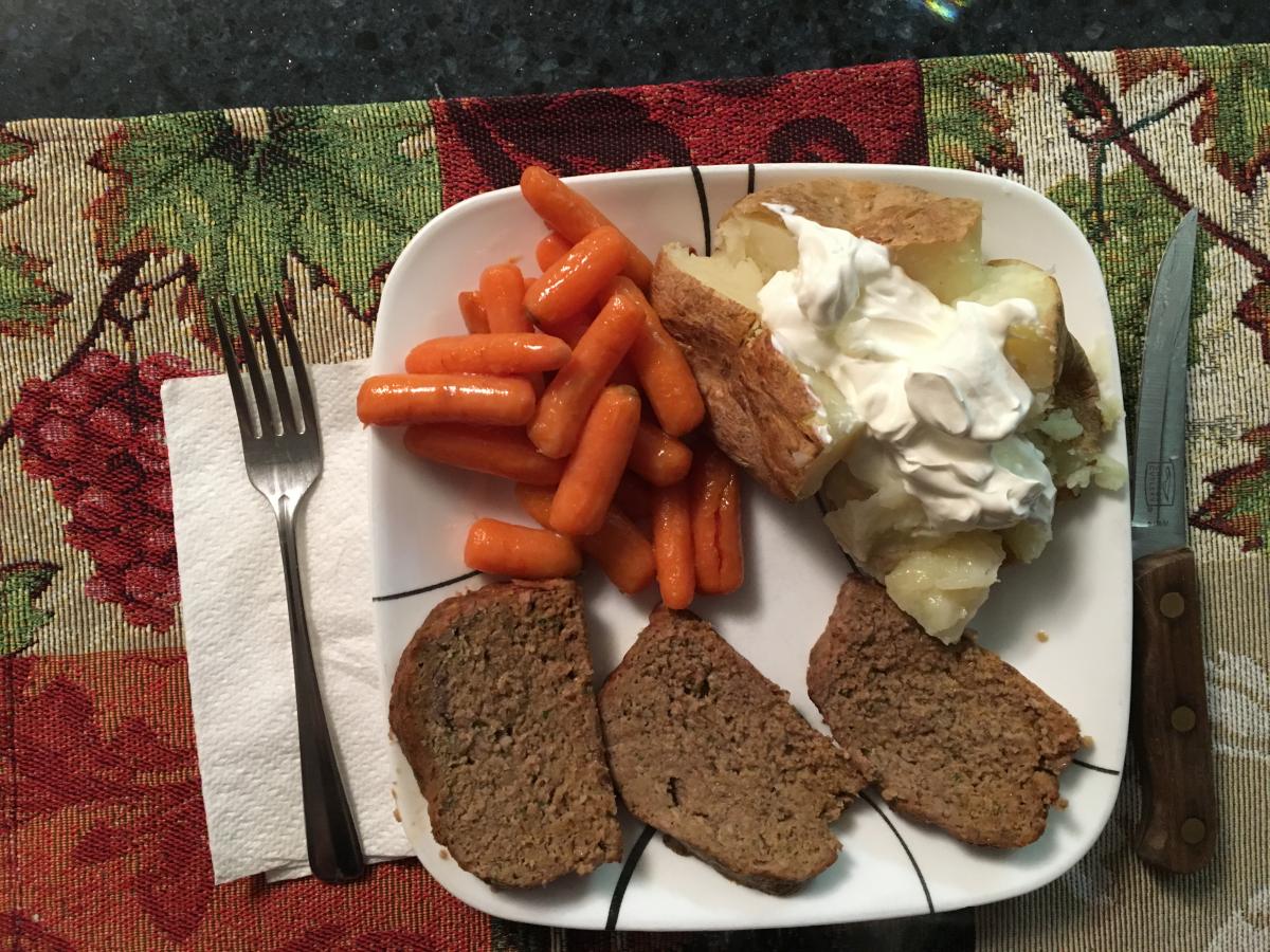 Meatloaf, Baked Potato and glazed carrots