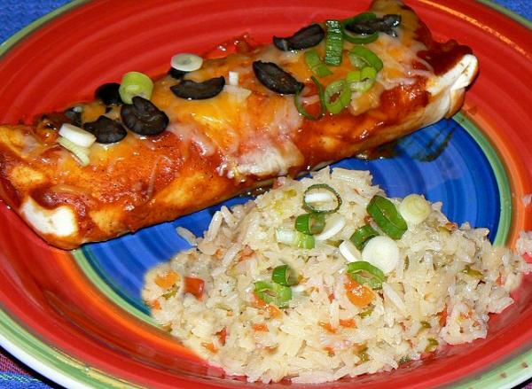 Mexican dinner - Beef, bean and cheese enchiladas and mexican rice