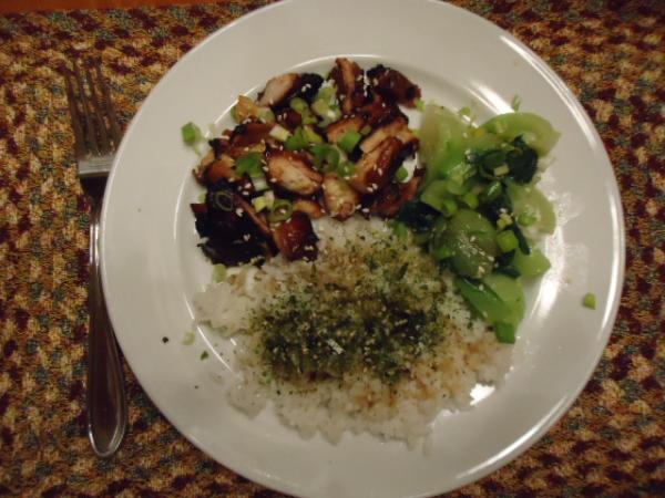MMM, Teriyaki Chicken with Baby Bok Choi and steamed White Rice, covered in Shoyu and Furikaki