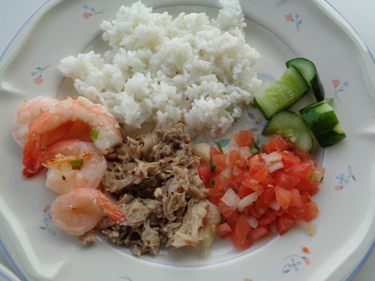 My plate: Japanese Cucumber, Lomi Salmon, Kalua Pig and Garlic Shrimp Poke