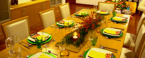 My table setting at last night's dinner party.  I used red and greens generously.