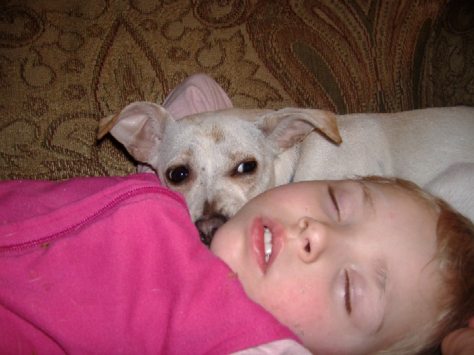 Our youngest daughter Abby cuddling my wife's dog Princess.