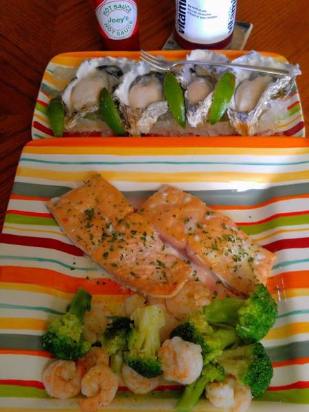 Oysters, salmon , and shrimp