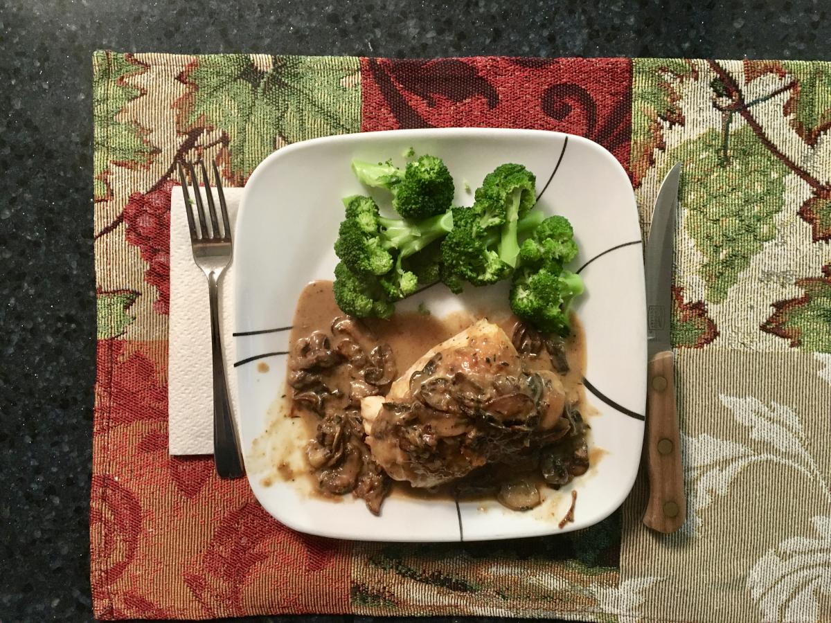 Pan Roasted Chicken Thigh with Shallot and Mushroom Gravy.