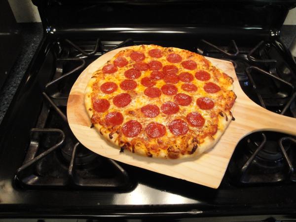 Pepperoni pizza my grandson and I made for lunch.
