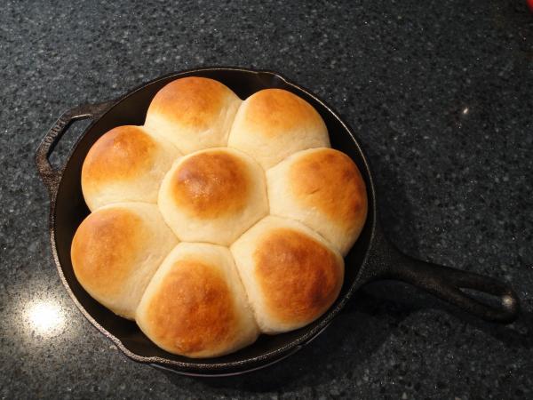 salt and pepper's dinner rolls in a cast iron skillet.