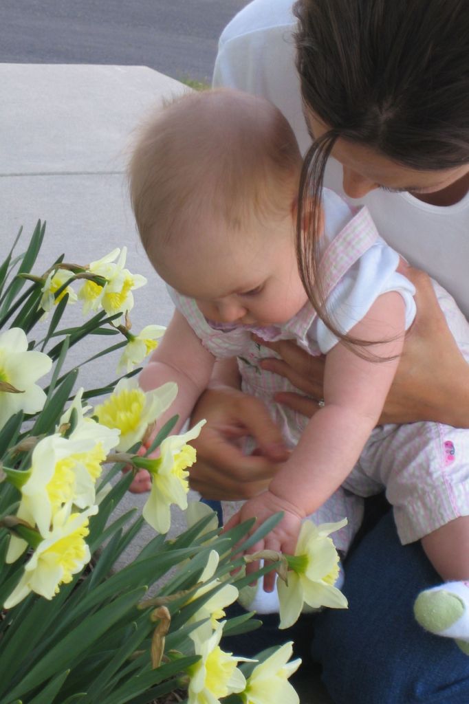 Sofie and PA Baker enjoying the daffodils (and trying to keep them out of Sof's mouth)!