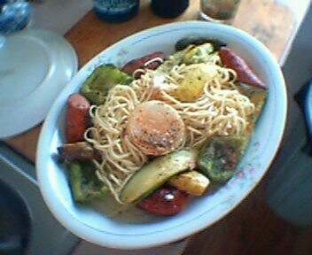 Spaghetti and kelbasa with veggies from the grill.
