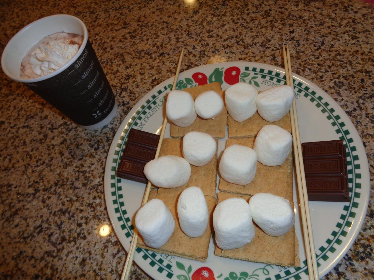 The S`Mores are ready for the fire pit in the backyard, along with Hot Cocoa and a shot of Bailey's Irish Cream!