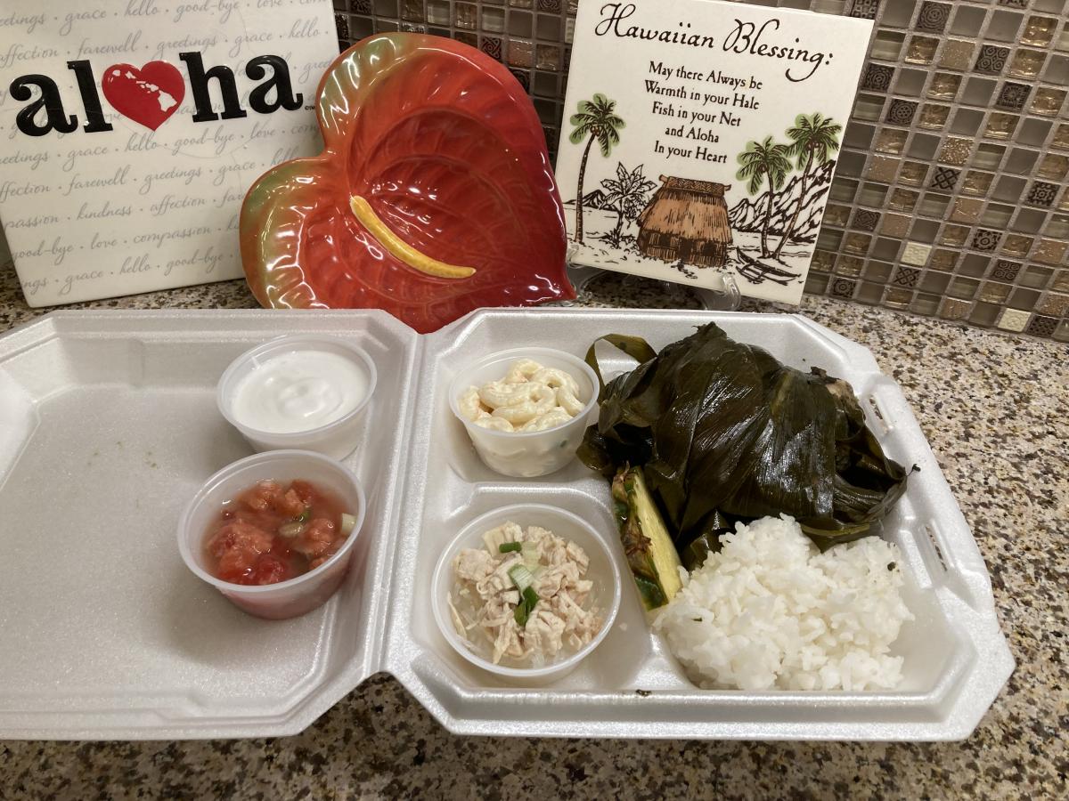 This was a take-out from a Food Truck here in Arizona.
Hawaiian Laulau
Steamed White Rice
a slice of fresh Pineapple
Chicken Long Rice 
Lomi Lomi Salm