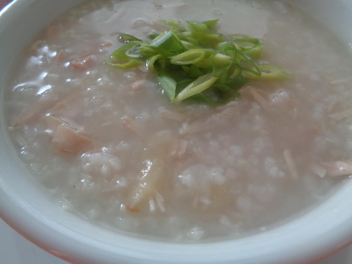 Turkey Jook or Congee, Chinese Rice Poriage, YUM!  In Hawaii we save our Turkey carcass and make the broth first, pick the meat off the bones and then